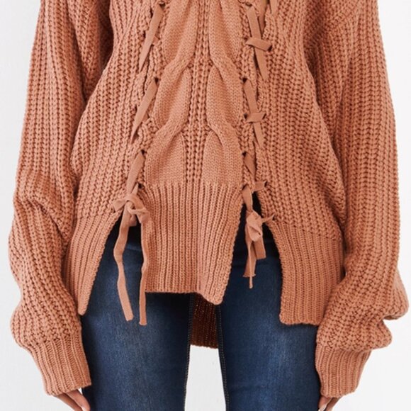 NEW Salmon Camel Laced Up Braid Cable Off Shoulder V Neck Longline Tunic Sweater - Picture 8 of 10